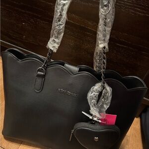 Betsey Johnson Black Scalloped Tote Bag with Heart Coin Pouch